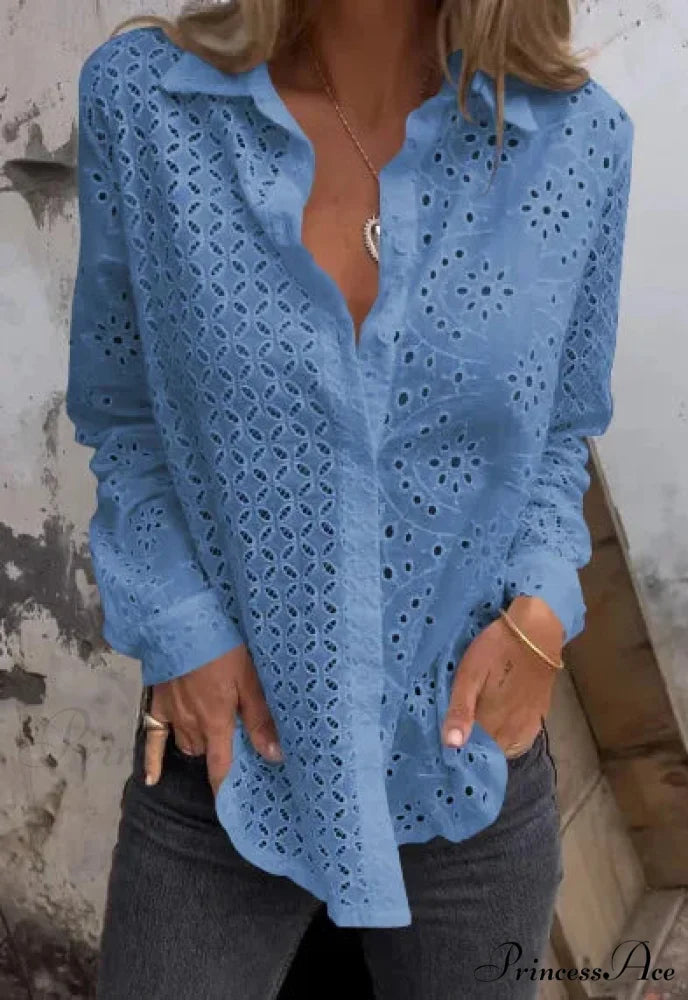 Empty Cotton Flower Stitching Extended Sleeve Boho Blouse Blue / S bohoblouse-250126