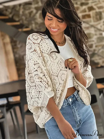 Empty Deep-neck Knitted Coat Beige / One Size coats-241228