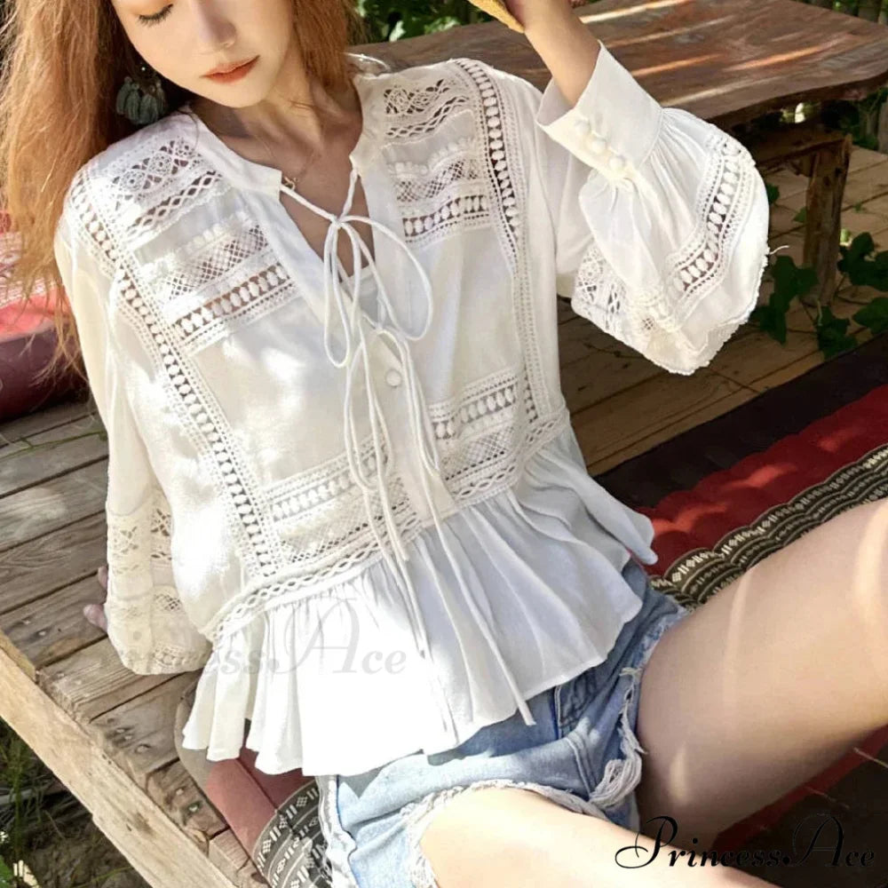 Empty Lace Ethnic Extended Sleeve Frills Boho Blouse bohoblouse-250126