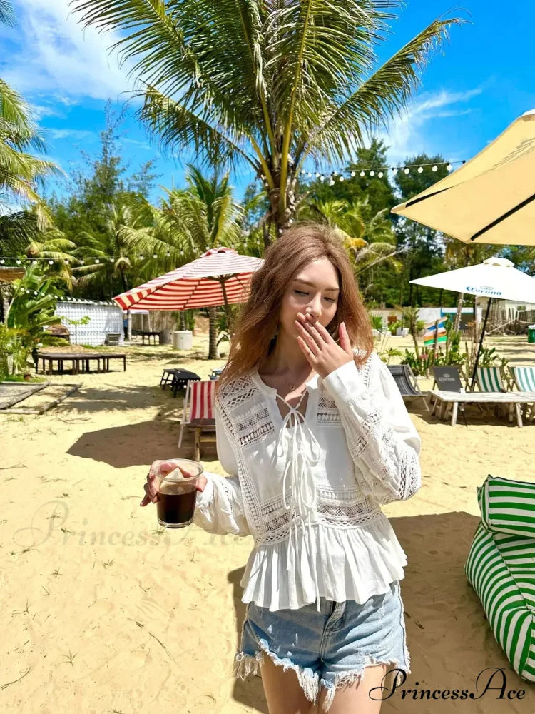 Empty Lace Ethnic Extended Sleeve Frills Boho Blouse White / S bohoblouse-250126