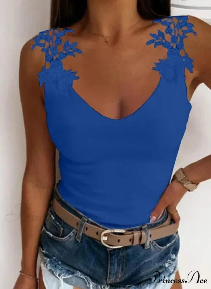 Empty Lace Petal V-Neck Large Casual Trim Fit Tank Top Blue / S croptop-250126