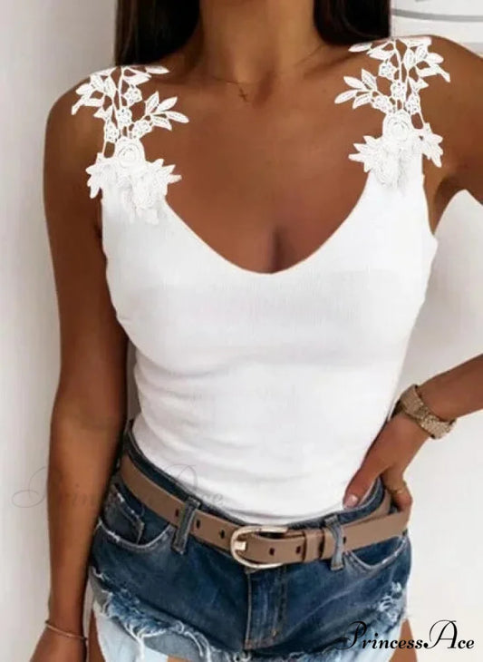 Empty Lace Petal V-Neck Large Casual Trim Fit Tank Top White / S croptop-250126