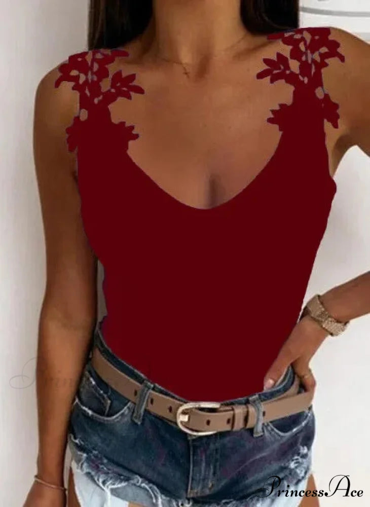 Empty Lace Petal V-Neck Large Casual Trim Fit Tank Top Wine red / S croptop-250126