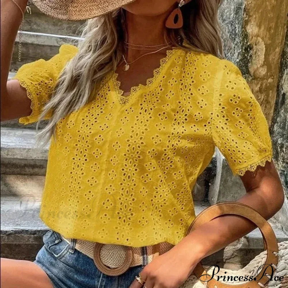 Empty Lace Puff Sleeve V-neck Sweater Blouse blouse-250126