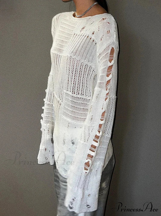 Empty Out Baggy Round Neck Extended Sleeve Knitted Pullover Jumper knittop-250126