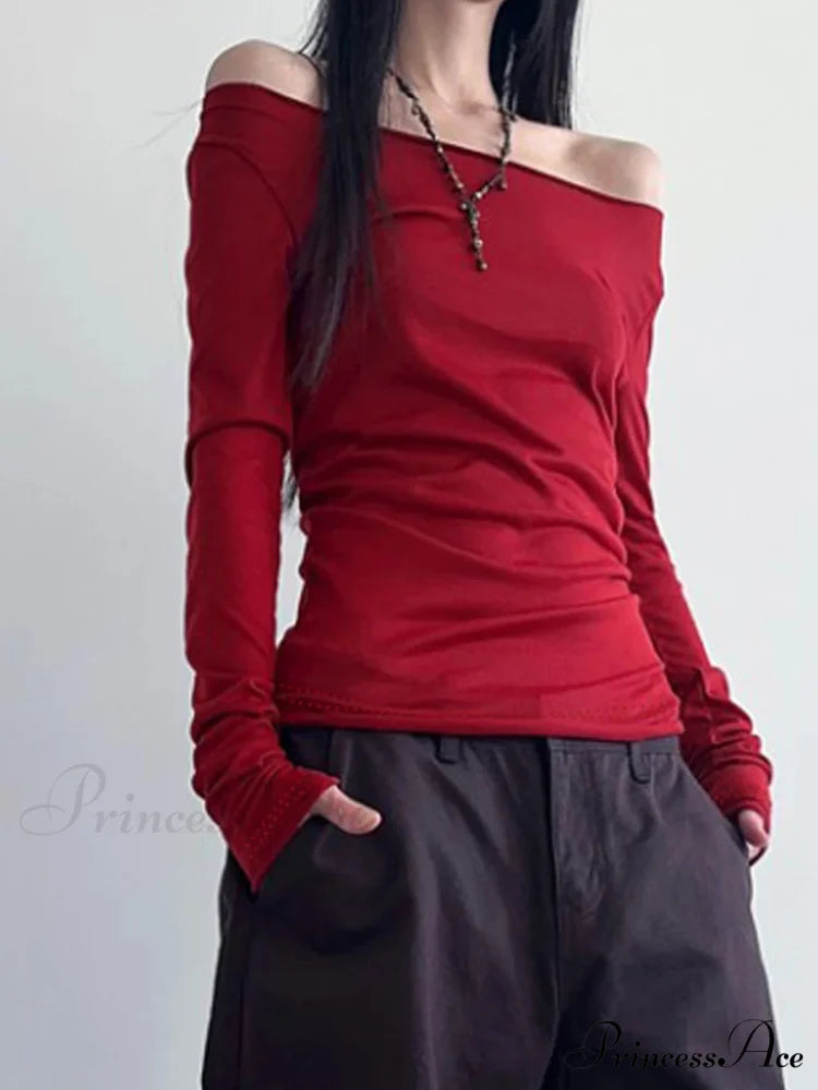 Empty Out Bandage Slim Backless Slash Neck Extended Sleeve Knit Top Red / S knittop-250126