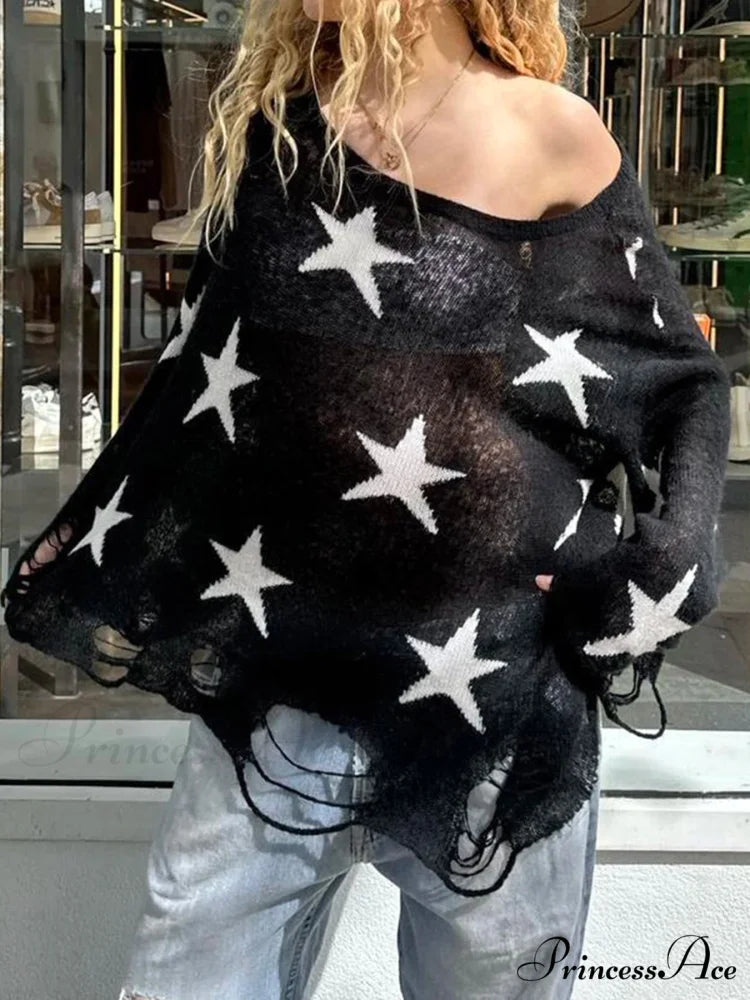 Empty Out Knitted Gothic Team Neck Extended Sleeve Pullover Sweater knittop-250126