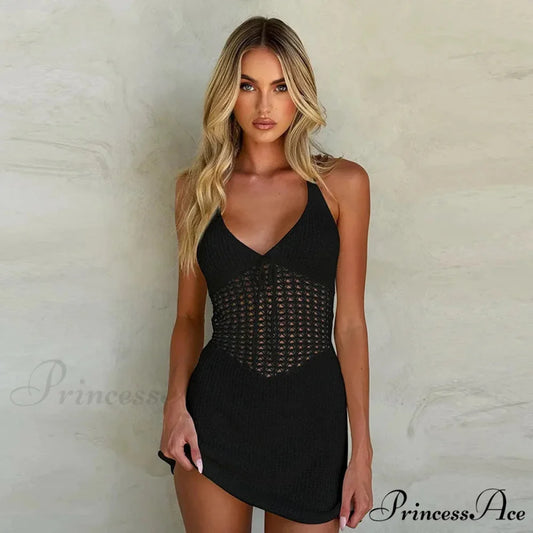 Empty Out Knitted Trim Holiday Dress Black / S vacationdress-250223