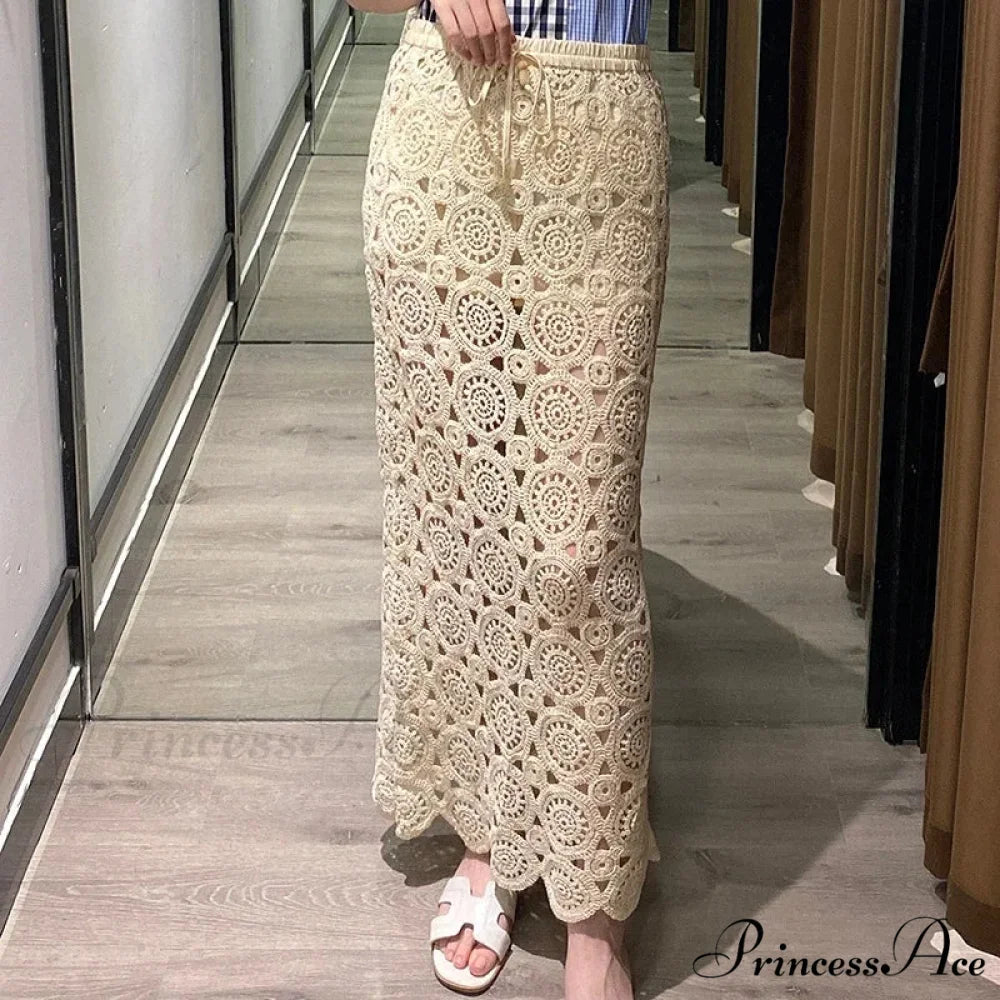 Empty Out Lace Maxi Skirt Summer Long Women Lace Skirt Beige / One Size skirt-250126