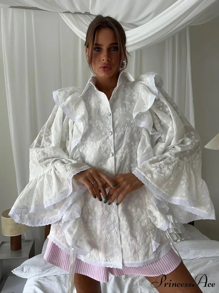 Empty Out Lotus Leaf Border White Blouse blouse-250223