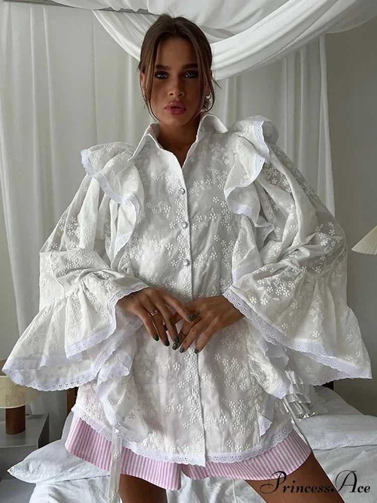 Empty Out Lotus Leaf Border White Blouse blouse-250223