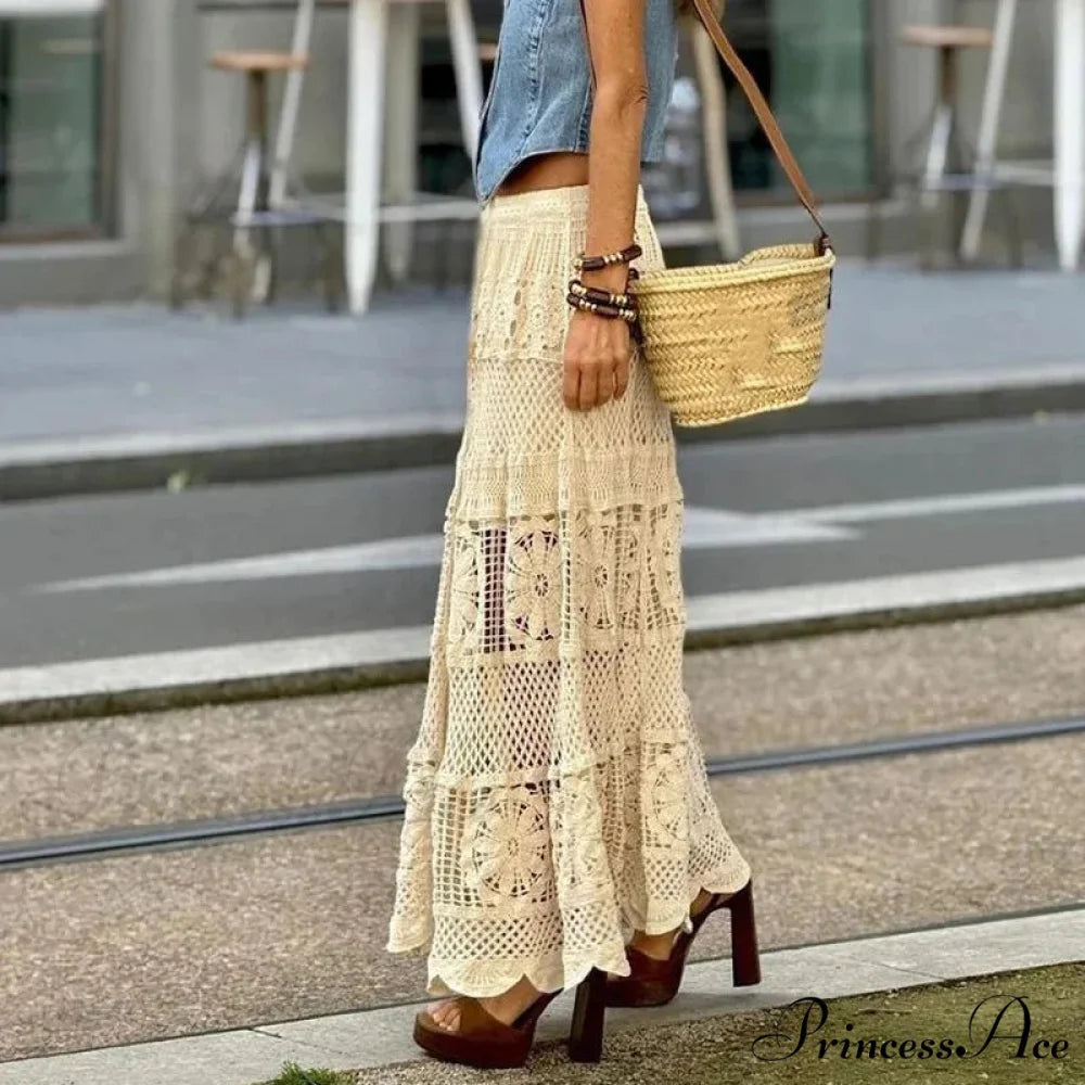 Empty Out Maxi Skirt Monotone A-line Hook Sentimental Vacation Beige / One Size skirt-250126