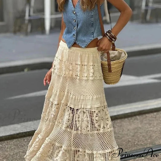 Empty Out Maxi Skirt Monotone A-line Hook Sentimental Vacation Beige / One Size skirt-250126