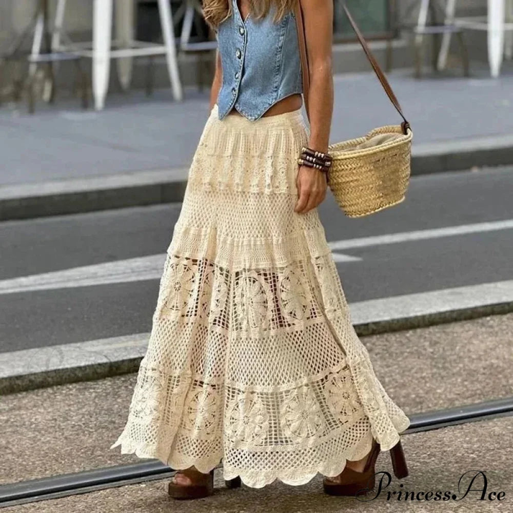 Empty Out Maxi Skirt Monotone A-line Hook Sentimental Vacation Beige / One Size skirt-250126