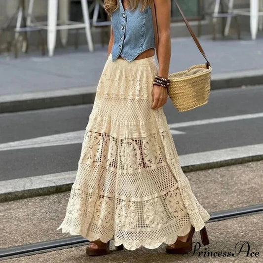 Empty Out Maxi Skirt Monotone A-line Hook Sentimental Vacation Beige / One Size skirt-250126