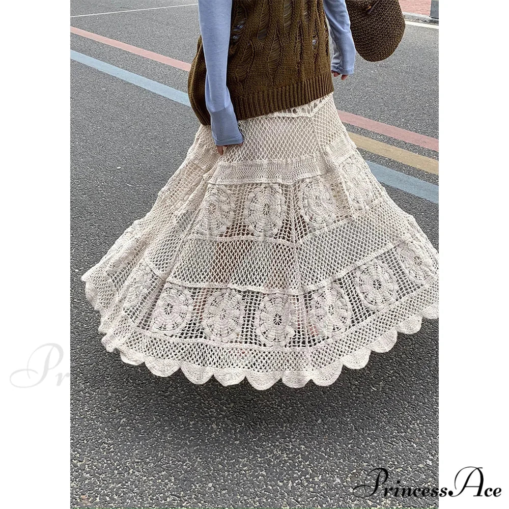 Empty Out Maxi Skirt Monotone A-line Hook Sentimental Vacation Beige / One Size skirt-250126