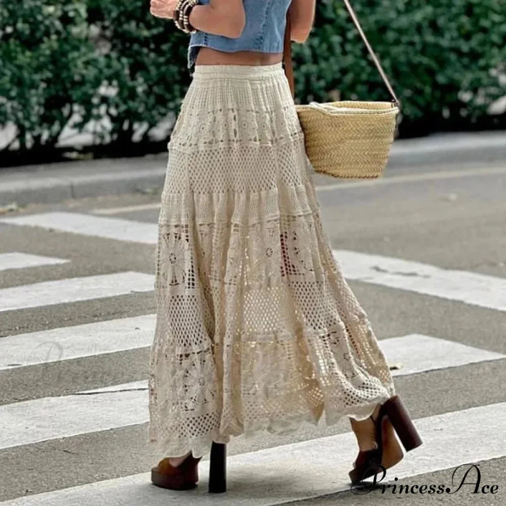 Empty Out Maxi Skirt Monotone A-line Hook Sentimental Vacation Beige / One Size skirt-250126