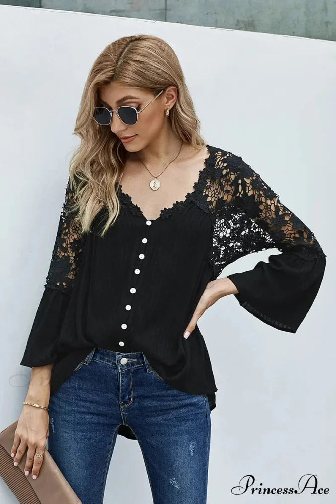 Empty Out Profound Plunge Neck Flare Sleeve Bohemian Blouse Black / S bohoblouse-250126