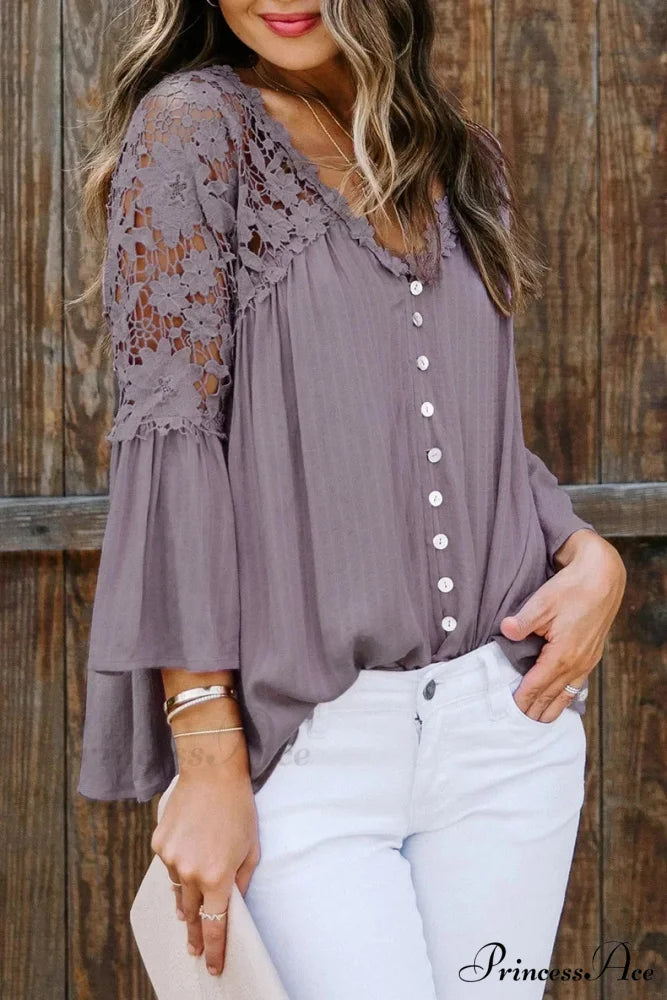 Empty Out Profound Plunge Neck Flare Sleeve Bohemian Blouse Purple / S bohoblouse-250126