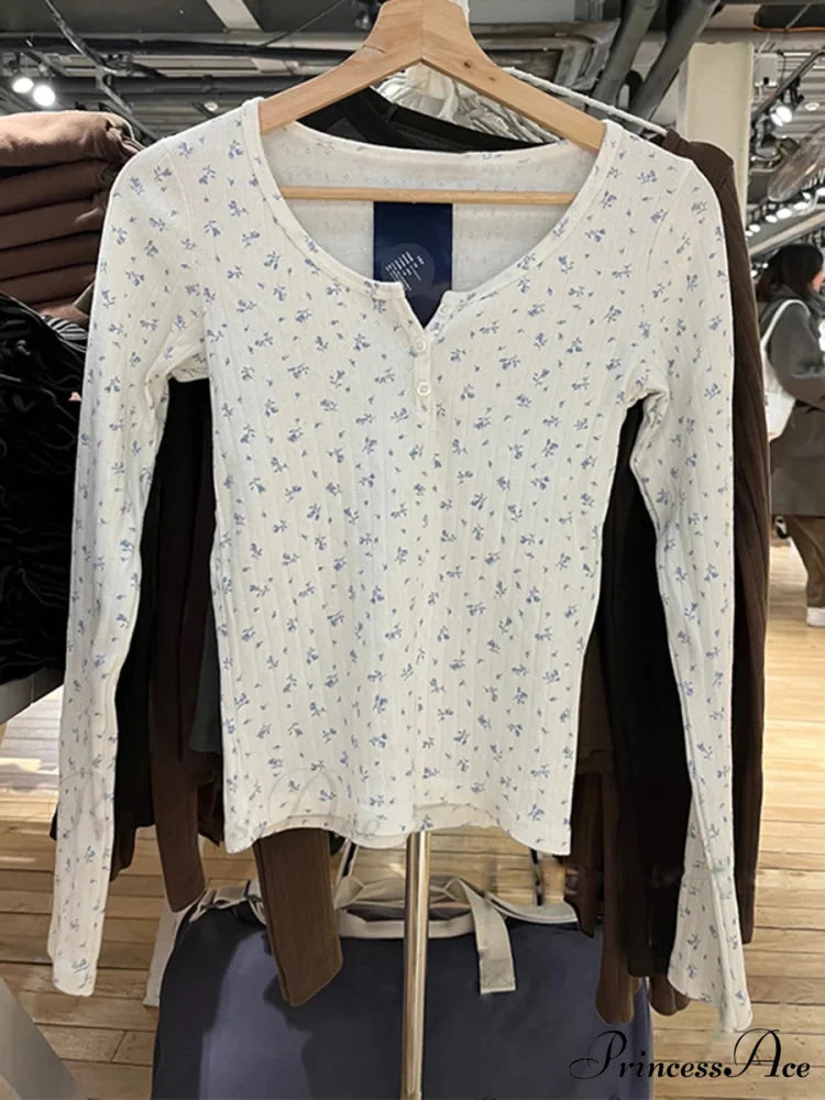 Empty Out Rose Long Sleeve Seductive Slim Top Knit Top Blue floral print / One Size knittop-250126