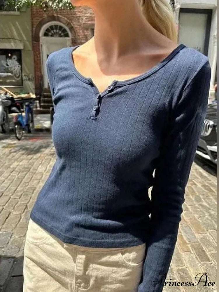 Empty Out Rose Long Sleeve Seductive Slim Top Knit Top New-Navy / One Size knittop-250126