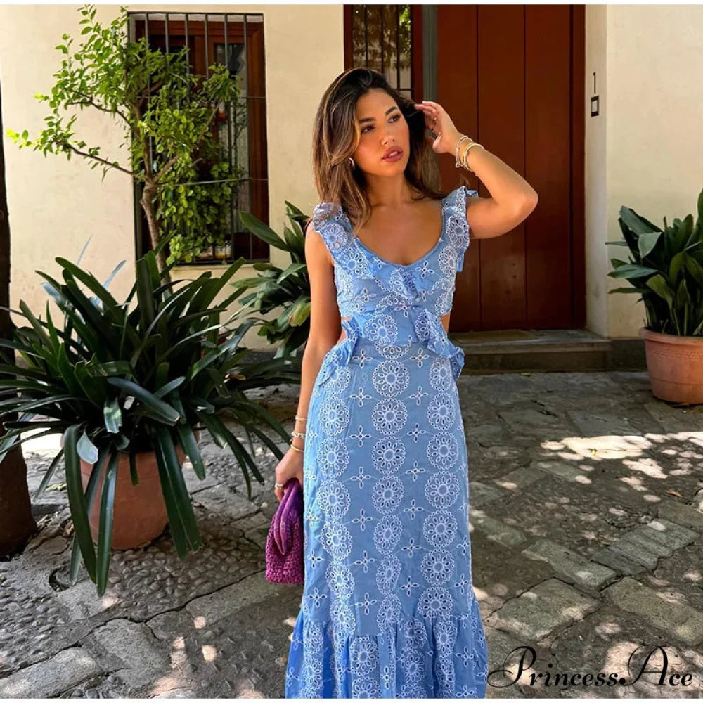 Empty Out Stitched Open-Back Frill Maxi Dress Blue / S floraldress-250126