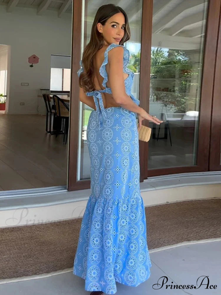 Empty Out Stitched Open-Back Frill Maxi Dress floraldress-250126