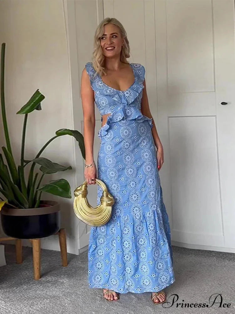 Empty Out Stitched Open-Back Frill Maxi Dress floraldress-250126