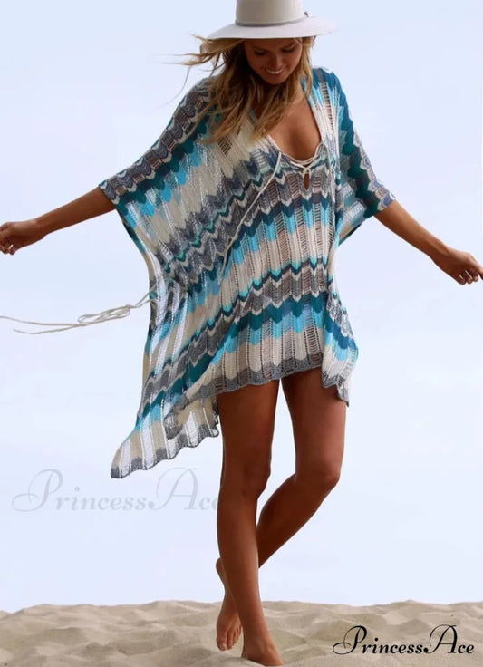 Empty Profound V-neck Lace Up Tunic Mini Dress Blue / One Size bohodress-250126