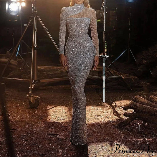 Empty Sparkling Open-Backed Trim Fit Prom Dress sliver / S promdress-250223