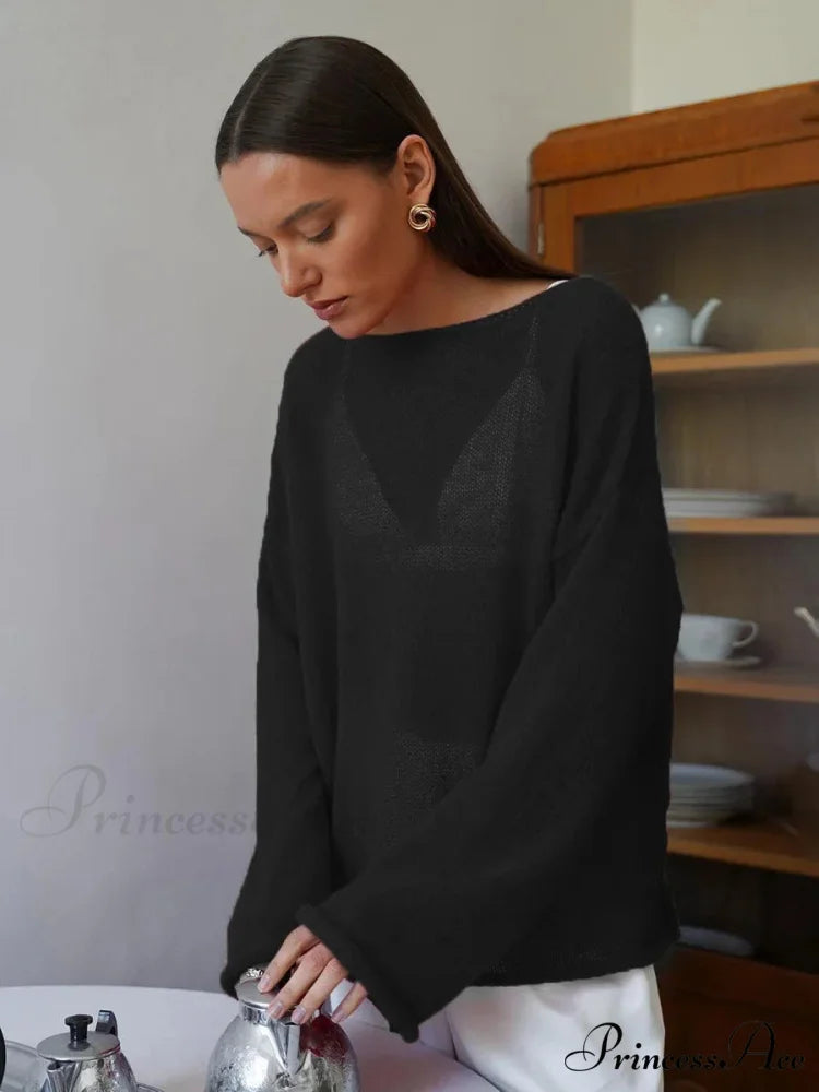 Empty Transparent Round-neck Long Sleeve Sweater Black / S swraters-241228