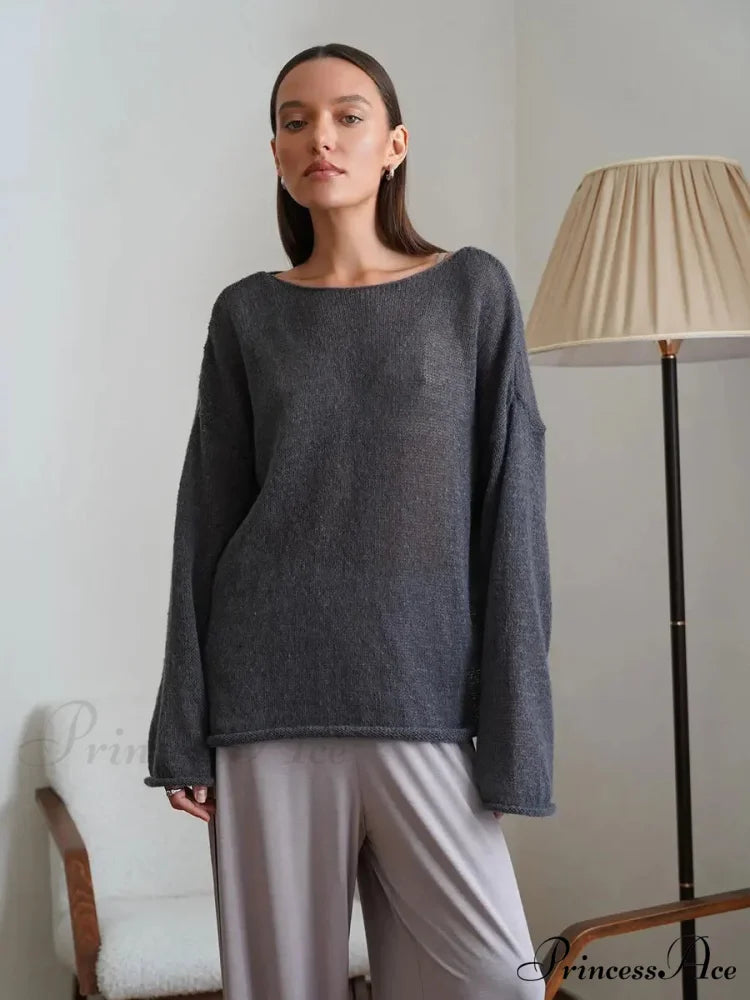 Empty Transparent Round-neck Long Sleeve Sweater Dark Gray / S swraters-241228