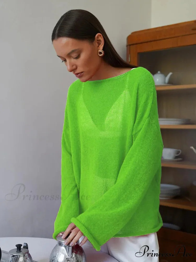 Empty Transparent Round-neck Long Sleeve Sweater Green / S swraters-241228