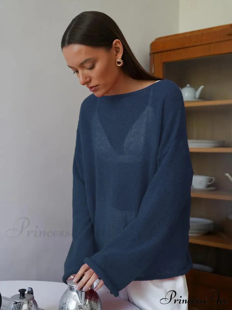 Empty Transparent Round-neck Long Sleeve Sweater Navy Blue / S swraters-241228