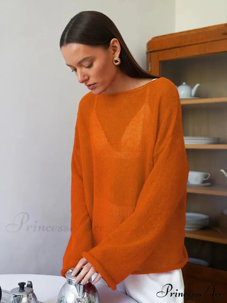 Empty Transparent Round-neck Long Sleeve Sweater Orange / S swraters-241228
