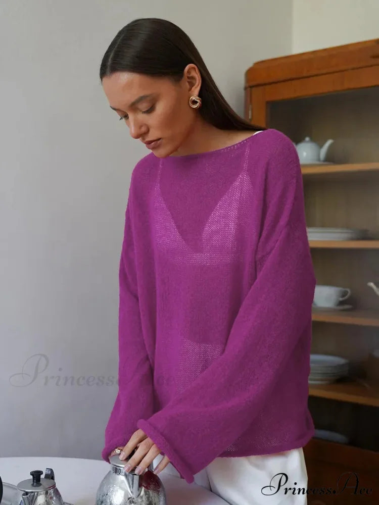 Empty Transparent Round-neck Long Sleeve Sweater Purple / S swraters-241228