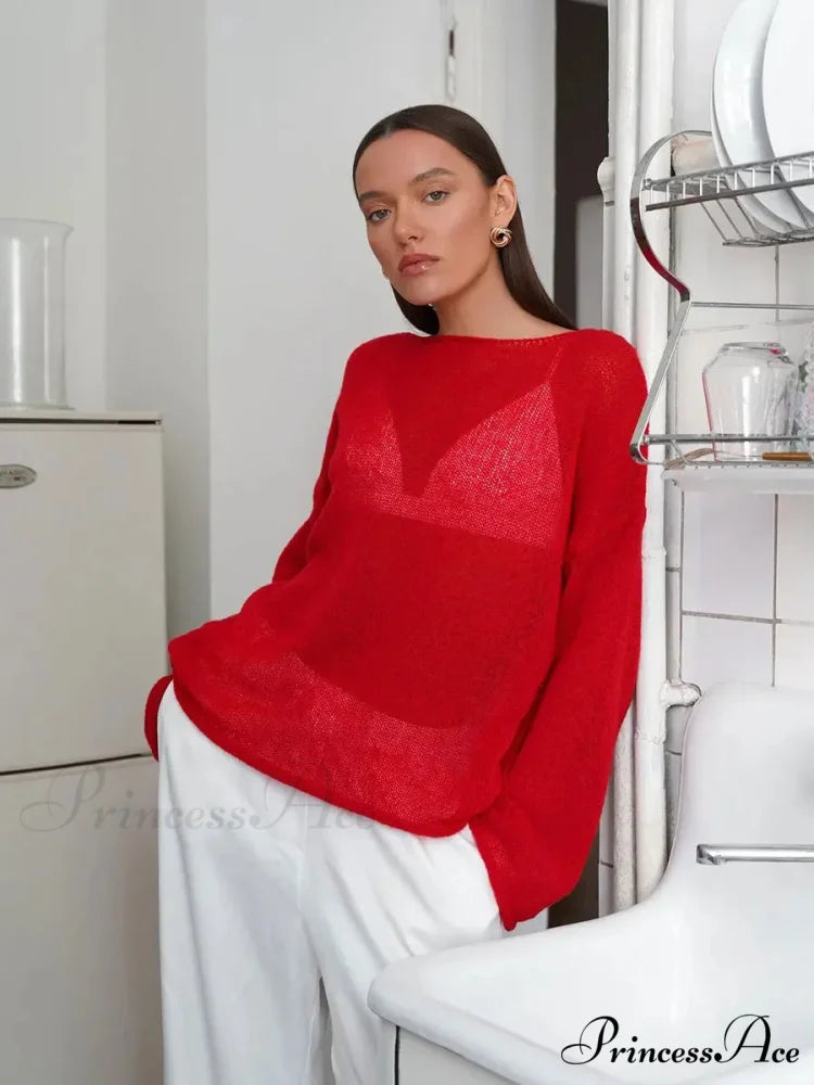 Empty Transparent Round-neck Long Sleeve Sweater Red / S swraters-241228