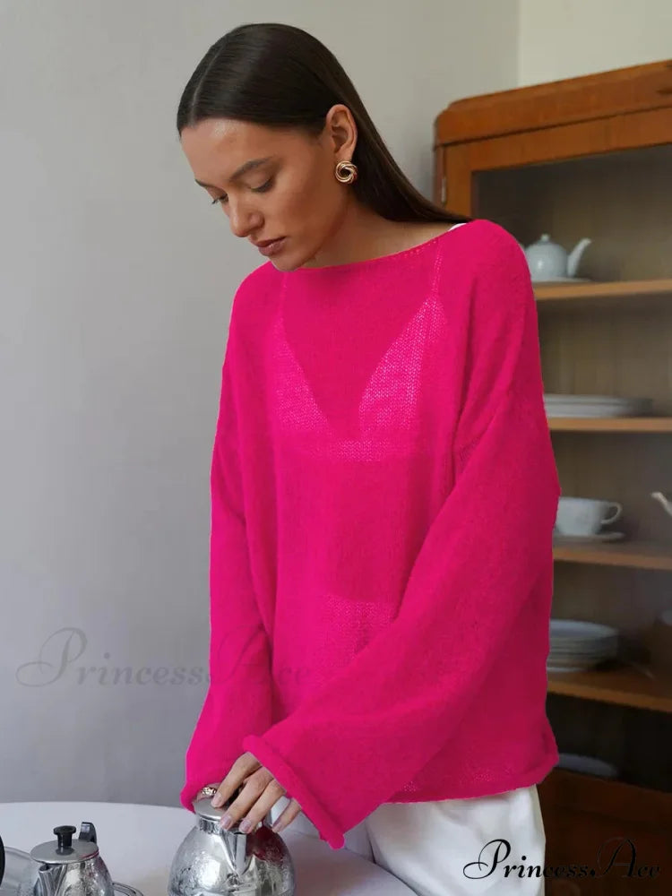 Empty Transparent Round-neck Long Sleeve Sweater Rose Red / S swraters-241228