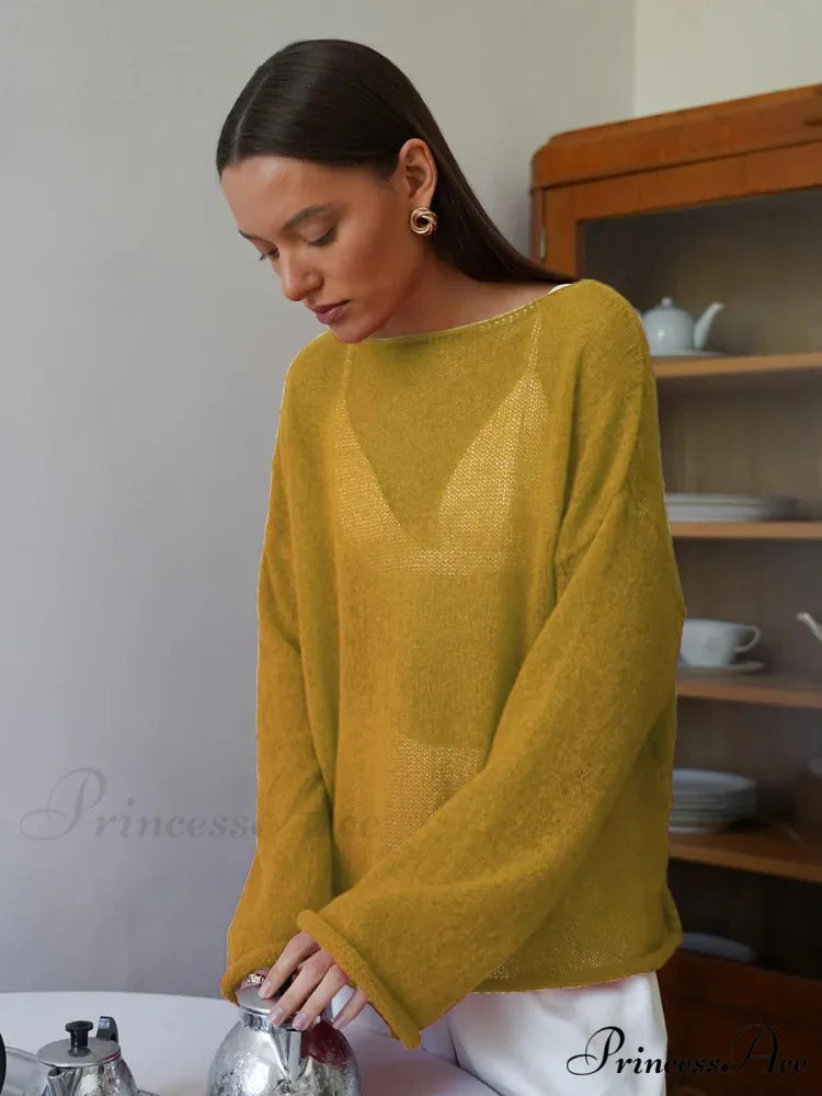 Empty Transparent Round-neck Long Sleeve Sweater Yellow / S swraters-241228