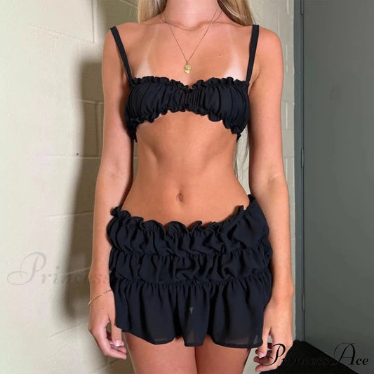 Enchanting 2 Piece Skirts Ensembles Frills Spaghetti Strap Cami Crop Tops + Ruched Mini Pencil Skirt Women Y2K Vintage