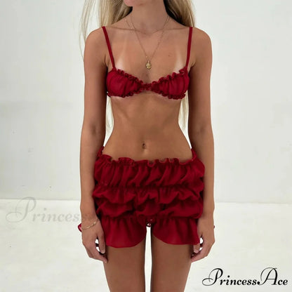 Enchanting 2 Piece Skirts Ensembles Frills Spaghetti Strap Cami Crop Tops + Ruched Mini Pencil Skirt Women Y2K Vintage