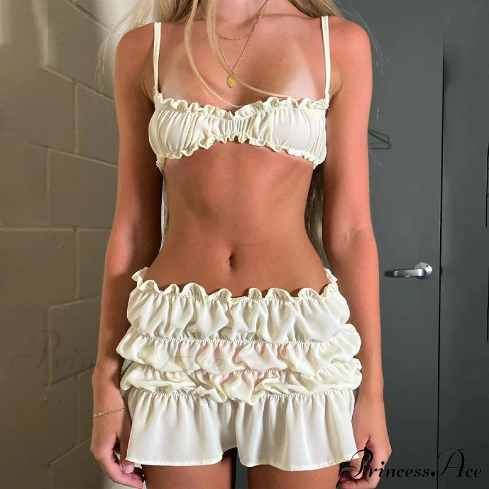 Enchanting 2 Piece Skirts Ensembles Frills Spaghetti Strap Cami Crop Tops + Ruched Mini Pencil Skirt Women Y2K Vintage