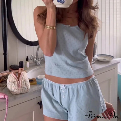 Enchanting Comfy 2 Piece Pajama Set 00s Vintage Cute Bow Sleeveless Camis Crop Tops + Shorts Y2K Women Sleepwear