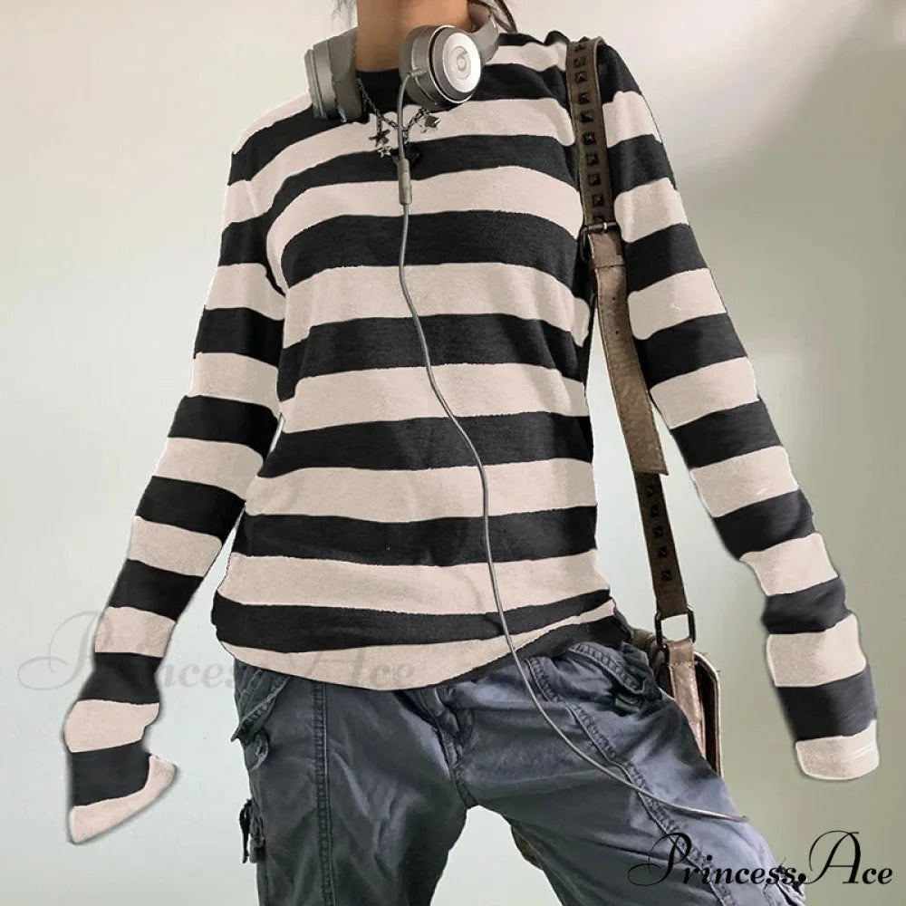 Enchanting Edgy Knit Oversized Banded Long Sleeve Crewneck Knit Top Zebra-stripe1 / S knittop-250126