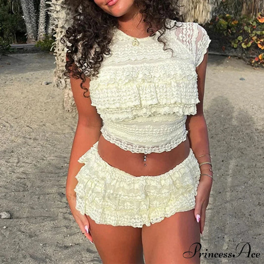 Enchanting Flirt Outfits Lace Tiered Frills Tank Tops + Mini Cake Shorts 2000s Vintage Cute 2 Piece Set Y2K Aesthetic