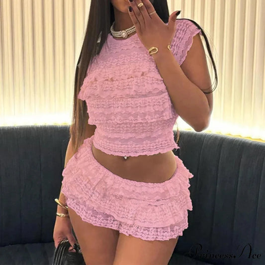 Enchanting Flirt Outfits Lace Tiered Frills Tank Tops + Mini Cake Shorts 2000s Vintage Cute 2 Piece Set Y2K Aesthetic