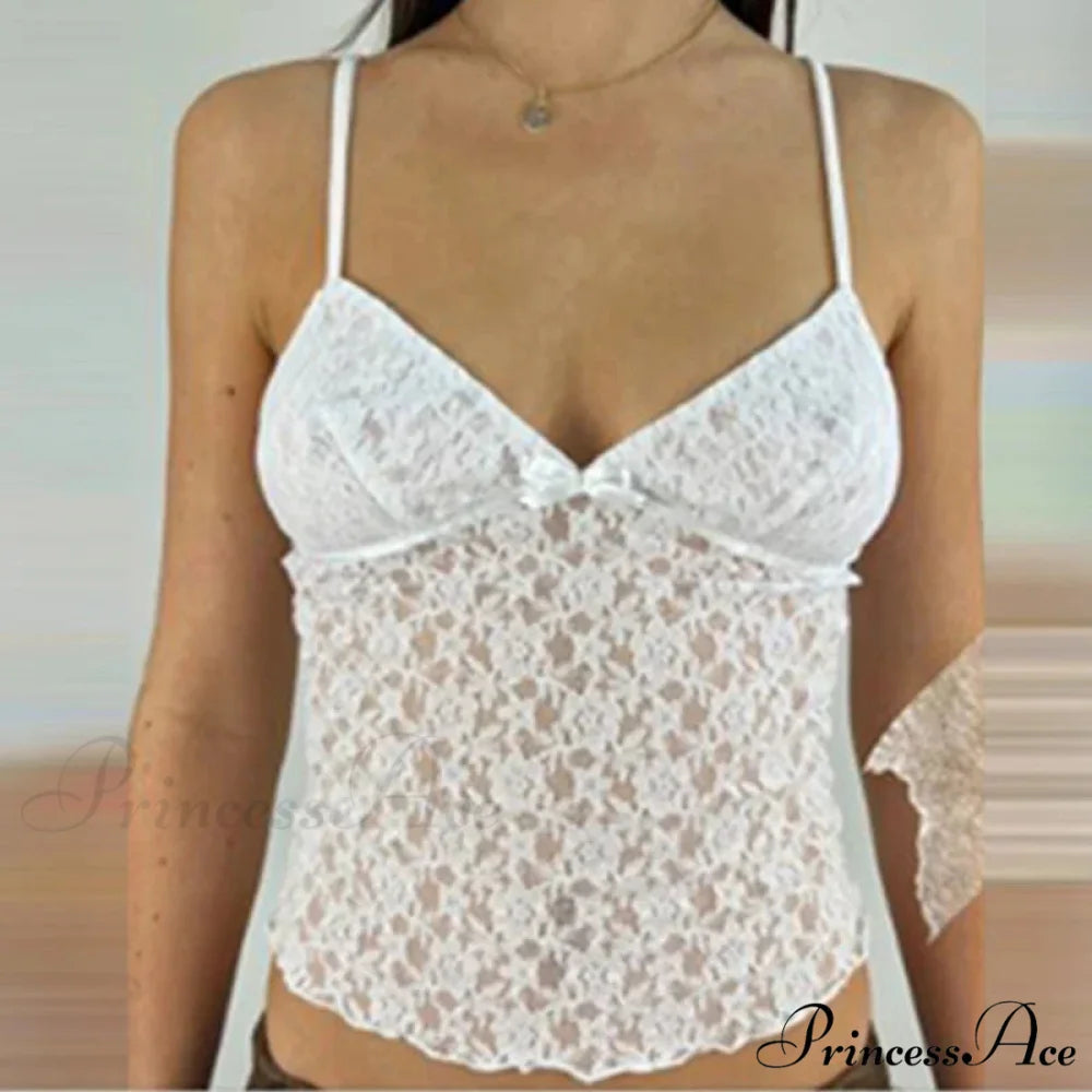 Enchanting Flowery Lace Mesh V Neck Crop Top WHITE / S croptop-250126