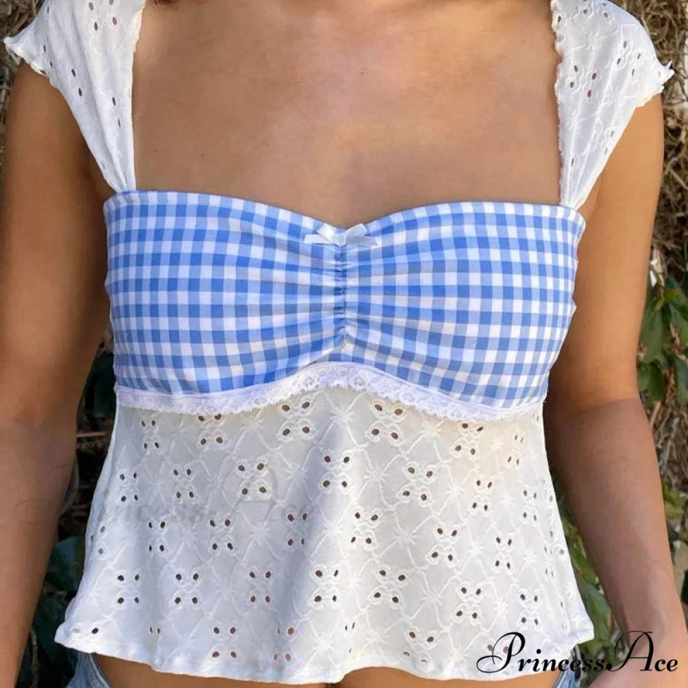 Enchanting Jacquard Eyelet Tartan Patchwork Milkmaid Tie-Up Backless Crop Top croptop-250126