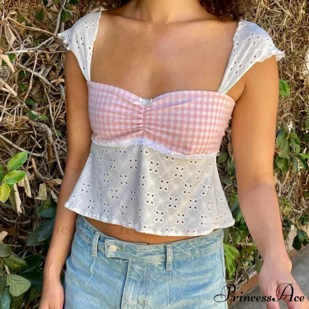 Enchanting Jacquard Eyelet Tartan Patchwork Milkmaid Tie-Up Backless Crop Top Pink / S croptop-250126