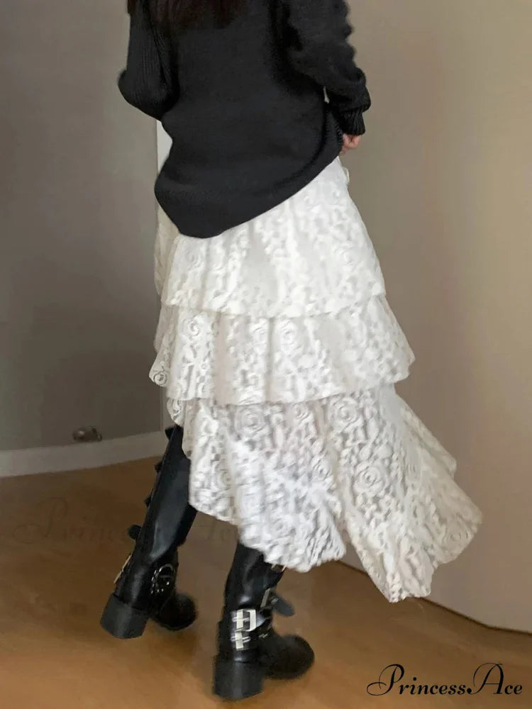 Enchanting Lace Tiered High Waist Uneven Flounced Midi Skirt WHITE / One Size skirt-250126